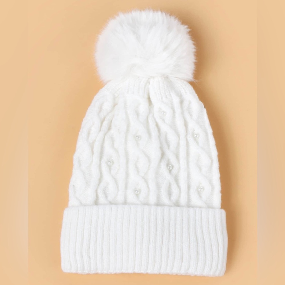 White Faux Pearl Thick Warm Pompom Winter Beanie